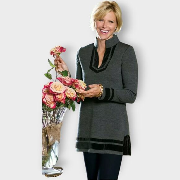 Soft Surroundings Runaway Pullover Sweater Tunic Grey Knit Velvet V Neck Size M - Picture 7 of 8